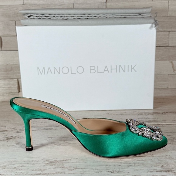 Manolo Blahnik Women's Size 36 Green Hangisimu Heeled Mules Satin 70MM NEW - Picture 10 of 16